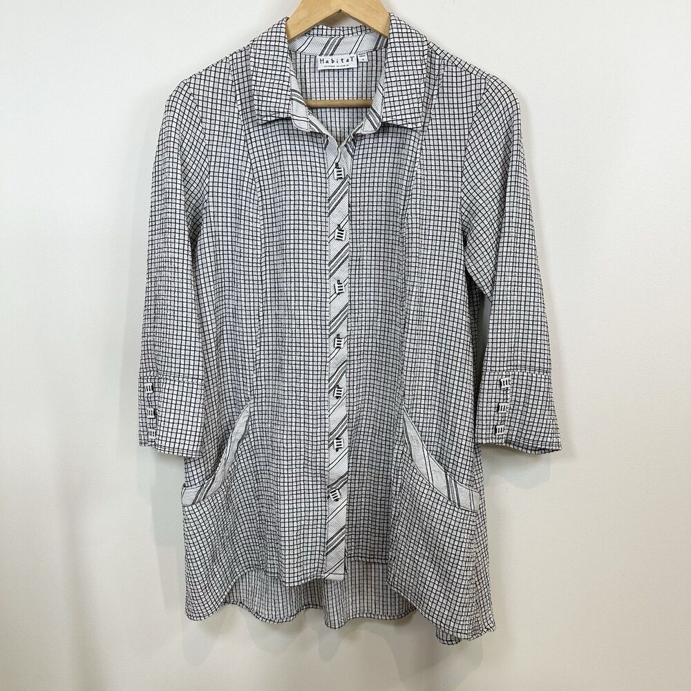 Habitat Top Womens Small Checked Plaid Black White 3/4 Sleeve Pockets Lagenlook